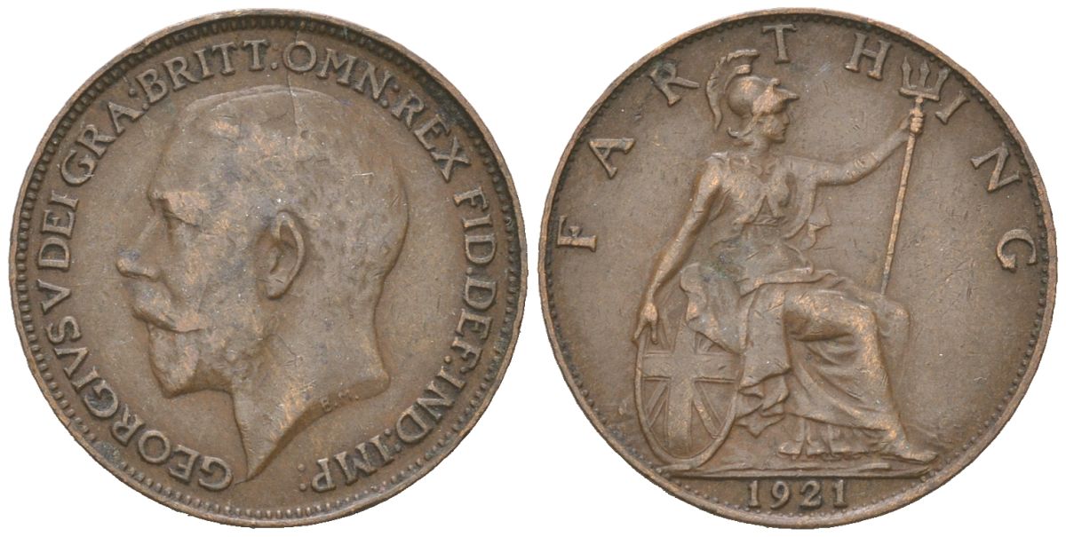Великобритания 1 фартинг 1921 Георг V (1910-1936) KM 808.2, Spink 4060 бронза 4617-861