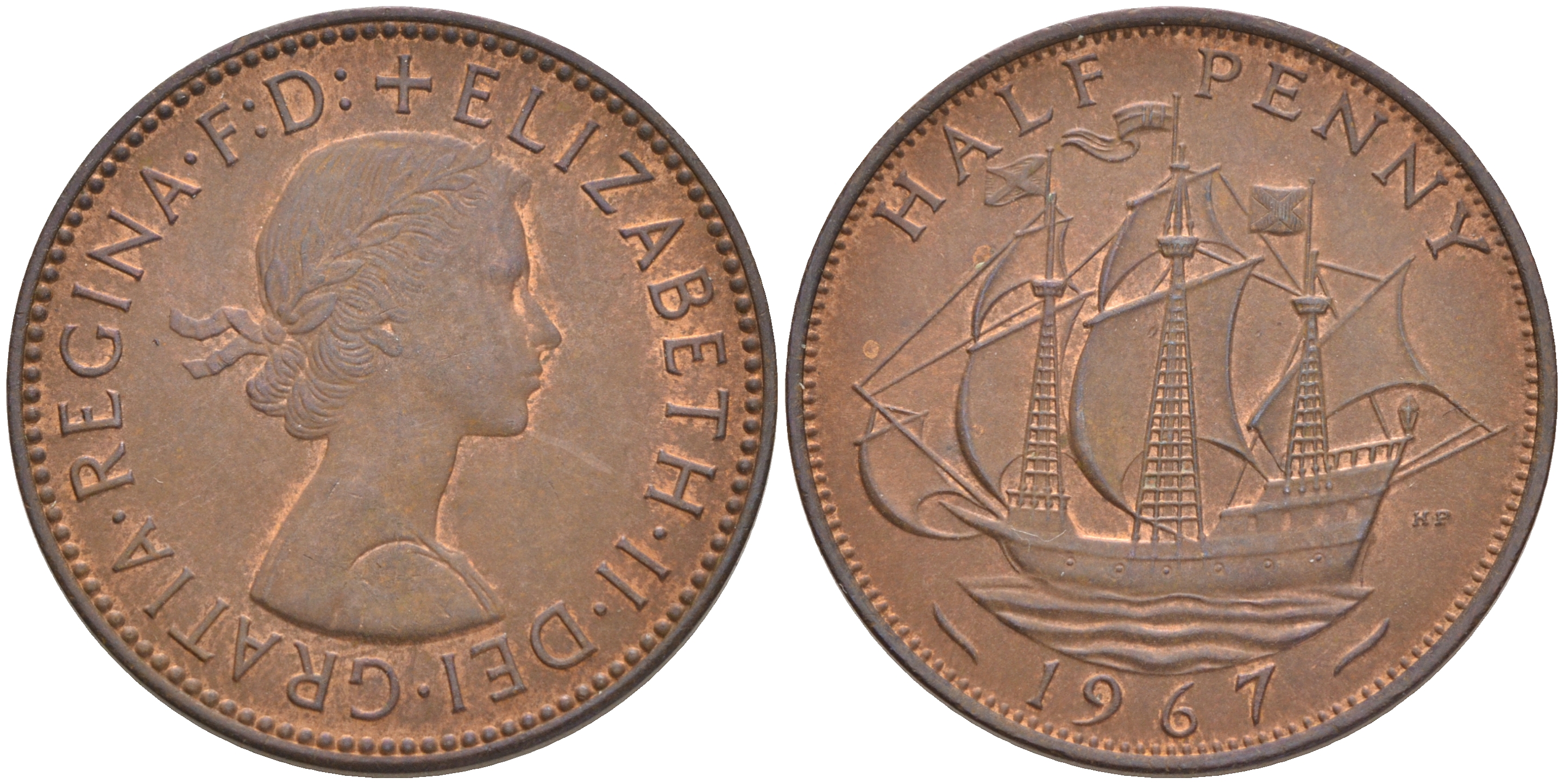 Великобритания 1/2 пенни 1967 Елизавета II (1952-2022) KM 896, Spink 4158 бронза 4561-537