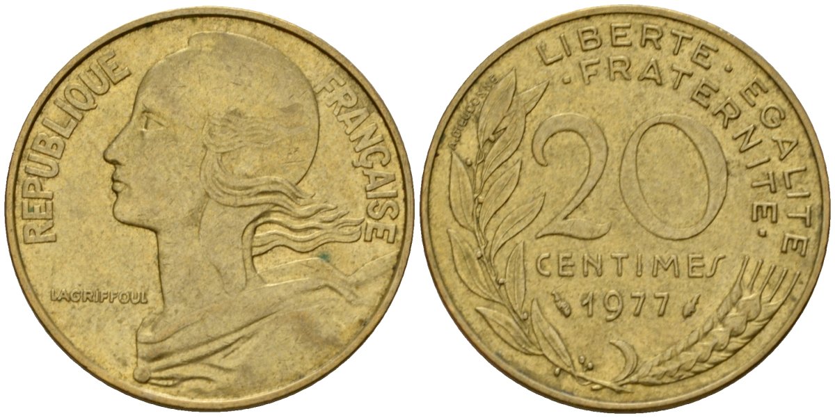 Франция 20 сантимов 1977 тип Marianne KM 930 алюминиевая бронза 4393-343
