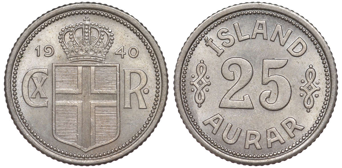 Исландия 25 эйре 1940 Кристиан X (1912-1944) KM 2.2 медно-никель UNC 4594-329