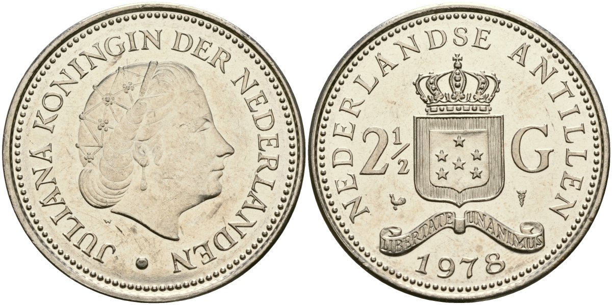 Нидерландские Антилы 2 1/2 гульдена 1978 Юлиана (1948-1980) KM 19 никель UNC 107-1224