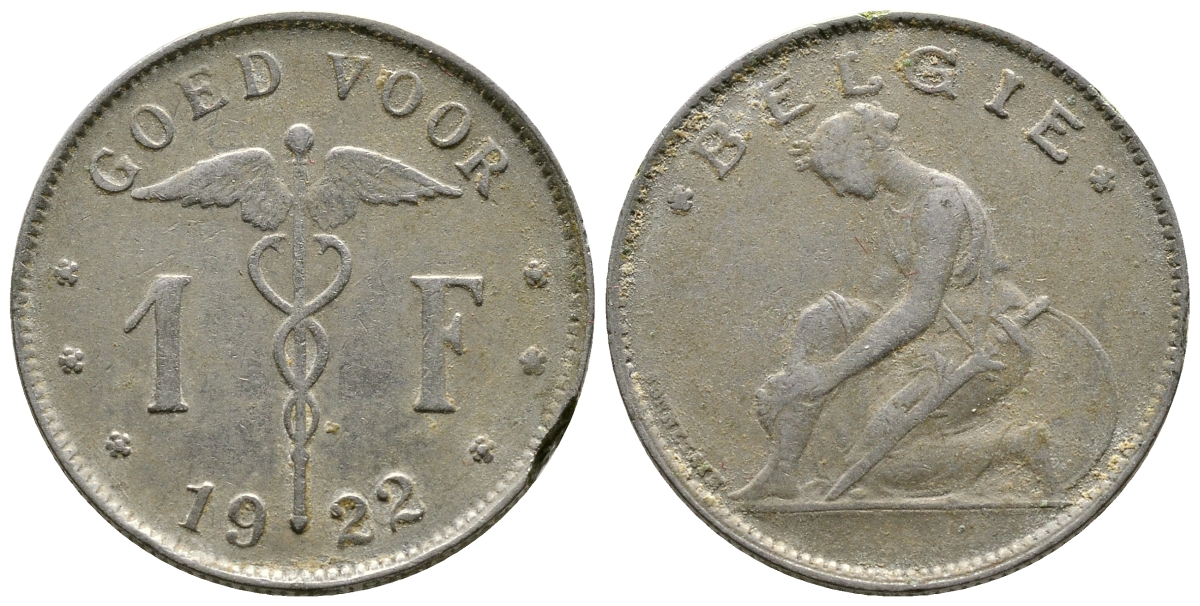 БЕЛЬГИЯ 1 ФРАНК 1922 BELGIE KM 90 никель 179-837