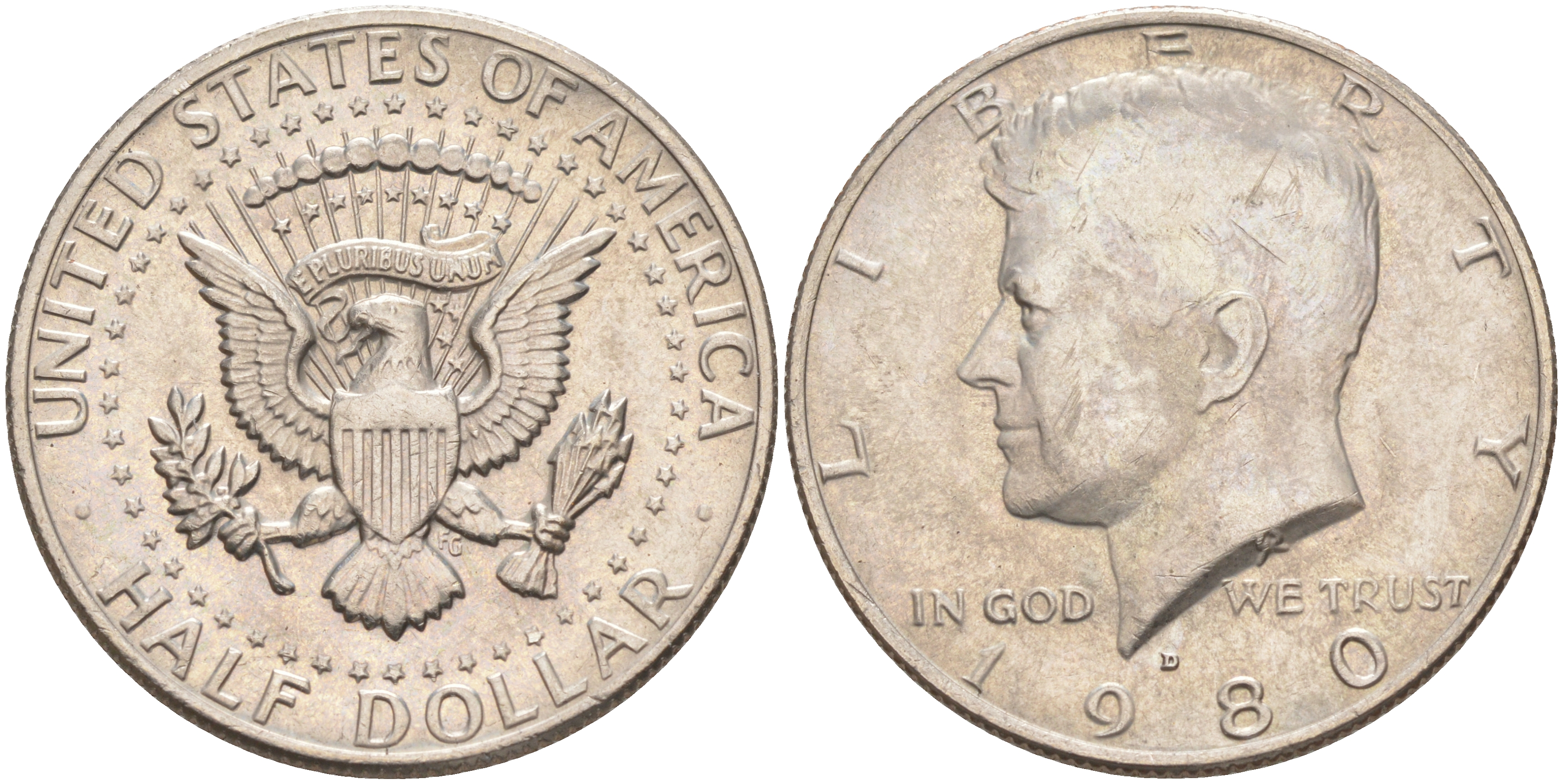 США 1/2 ДОЛЛАРА ( 50 ЦЕНТОВ ) 1980 D, ДЖОН КЕННЕДИ KM A202b медь плакированная медно-никелем UNC 4111-841