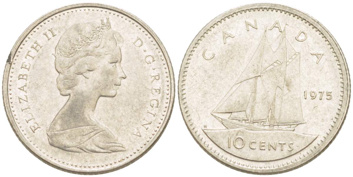 Канада 10 центов 1975 Елизавета II (1952-2022), парусник KM 77.1 никель 4516-1258