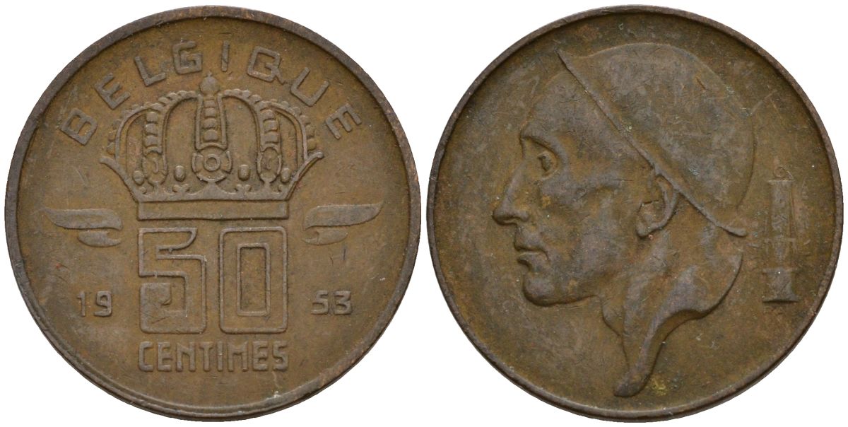 Бельгия 50 сантимов 1953 Belgique KM 144 бронза 4152-423