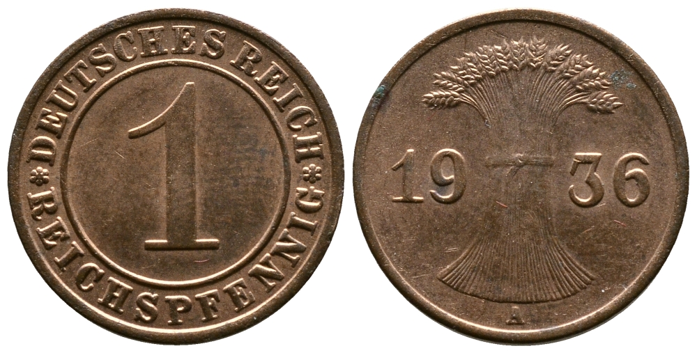 Германия 1 рейхспфенниг 1936 A KM 37, J. 313 бронза 220-156