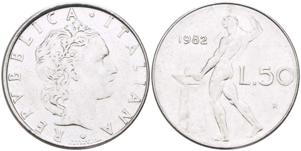 ИТАЛИЯ 50 ЛИР 1982 R, КУЗНЕЦ KM 95.1 нержавеющая сталь 4523-713