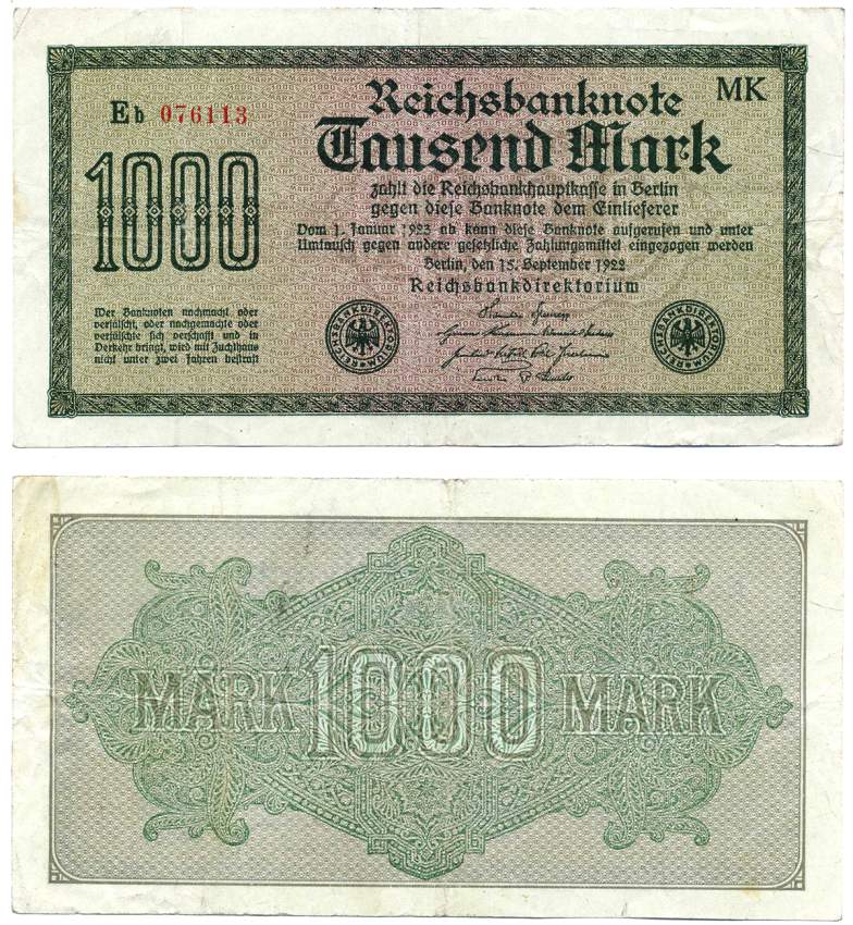 ГЕРМАНИЯ 1000 МАРОК 1922 СЕРИЯ МК, ВОДЯНОЙ ЗНАК №33 Pick 76, Розенберг 75q бумага 00-00