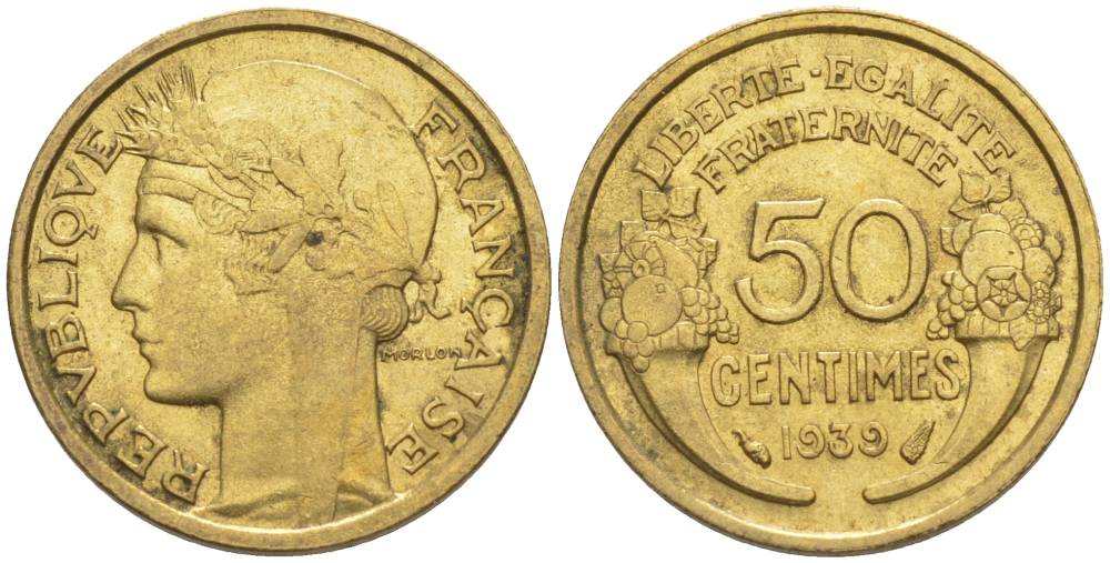 ФРАНЦИЯ 50 САНТИМОВ 1939 ТИП MORLON KM 894.1, LE FRANC 192.15 алюминиевая бронза 44-862