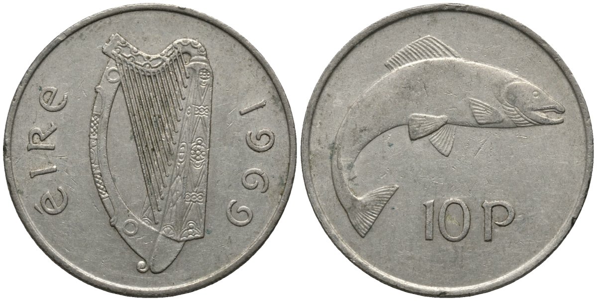 Ирландия 10 пенсов 1969 лосось KM 23 медно-никель 3855-1046