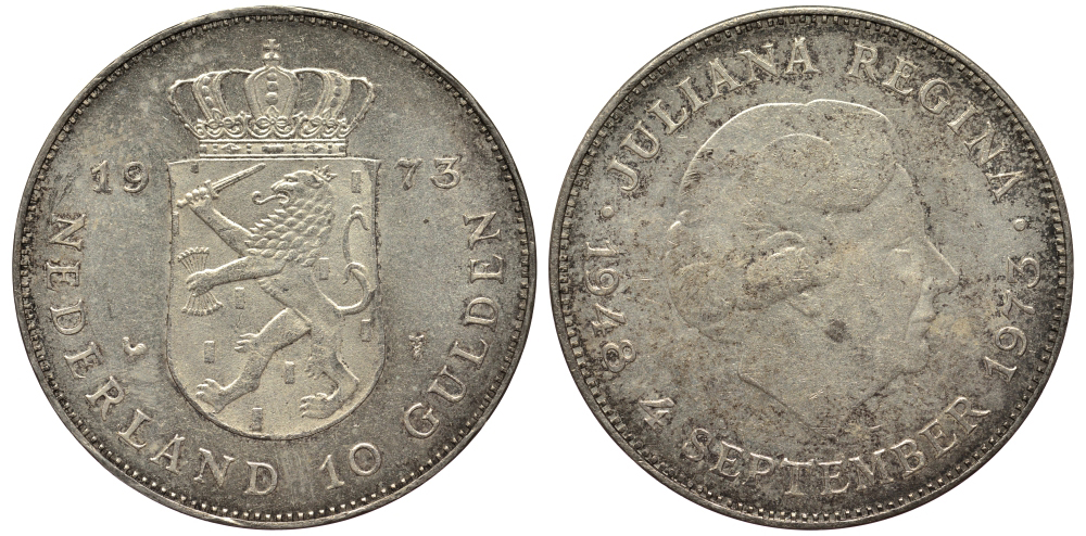 Нидерланды 10 гульденов 1973 25 лет правления королевы Юлианы KM 196 серебро аUNC 1516-1644