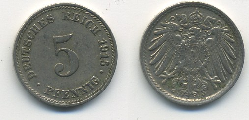 ГЕРМАНИЯ 5 ПФЕННИГОВ 1915 D, KM 11, J. 12 медно-никель 54-732
