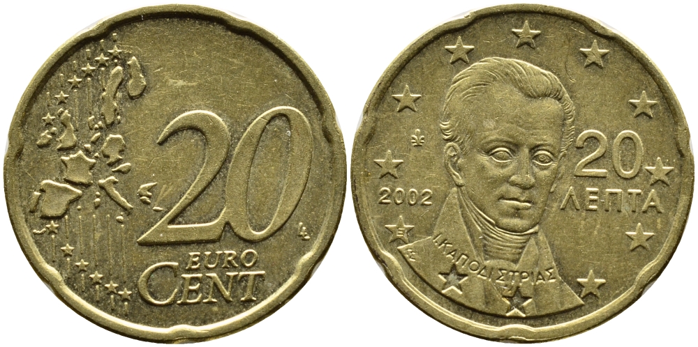 ГРЕЦИЯ 20 ЕВРОЦЕНТОВ 2002 KM 185 латунь 4390-1151