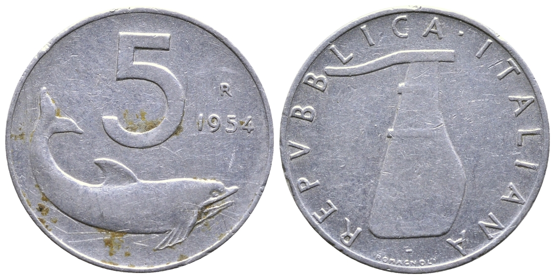 ИТАЛИЯ 5 ЛИР 1954 R, РУЛЬ, ДЕЛЬФИН KM 92 алюминий 4364-3155