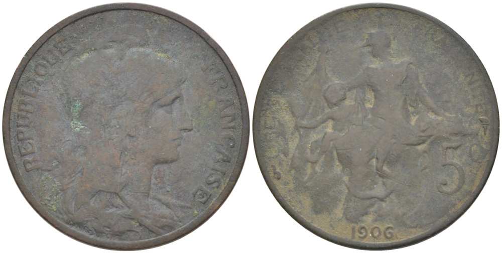 ФРАНЦИЯ 5 САНТИМОВ 1906 ТИП ДАНИЭЛЬ ДЮПЮИ KM 842, LE FRANC 119.16 бронза 217-225