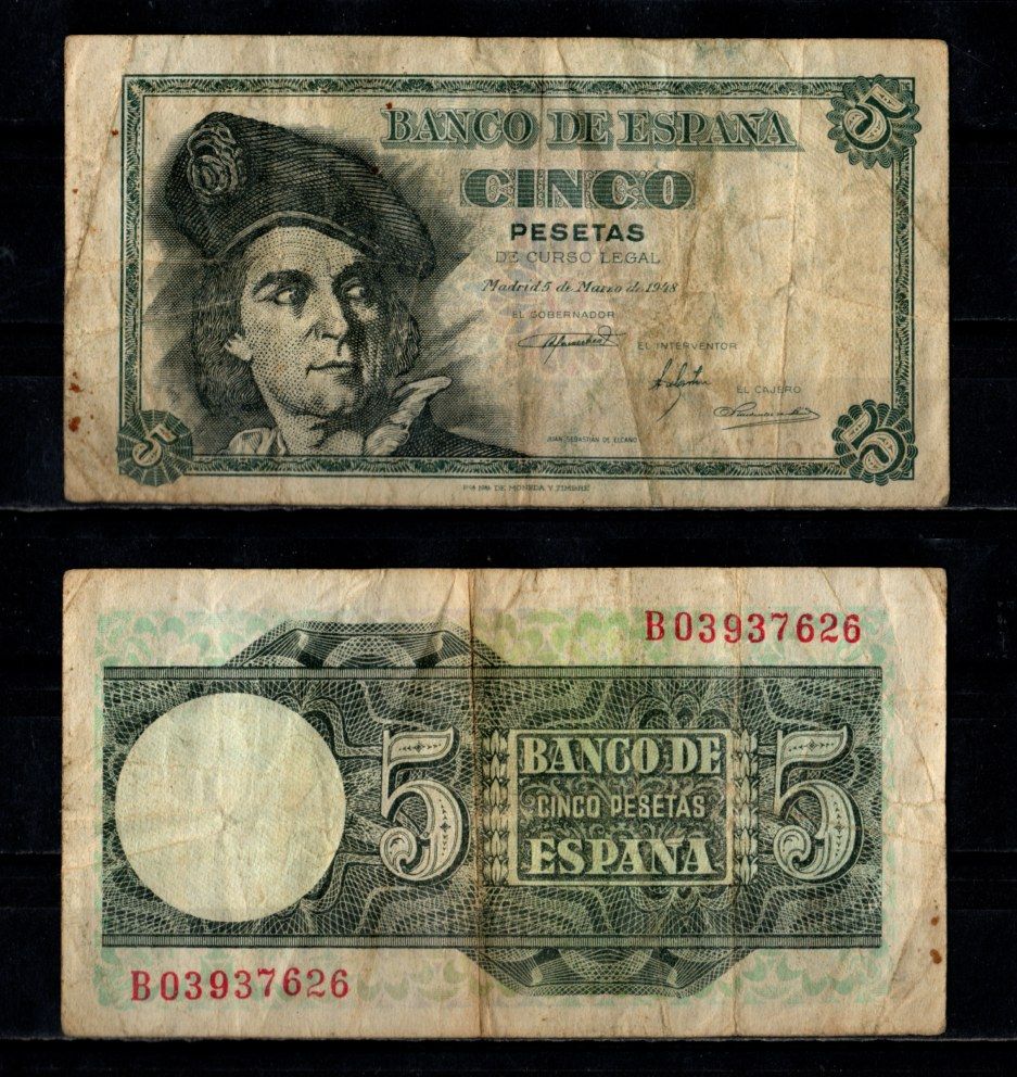 Испания 5 песет 1948 Pick 136 бумага 7221-72-2-1