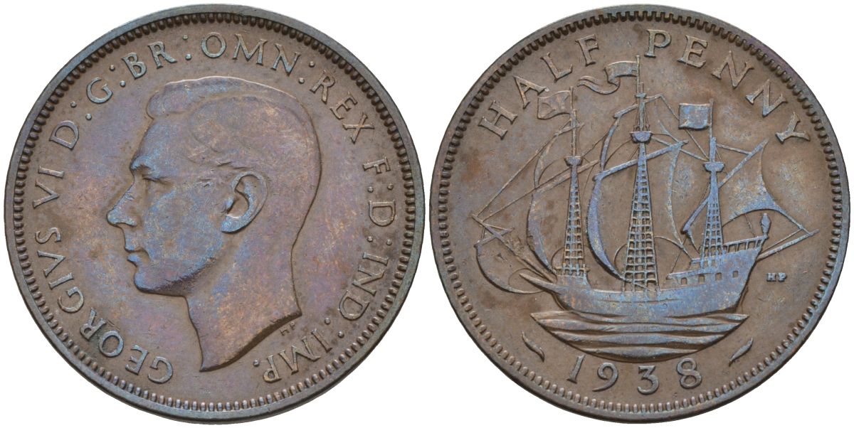 Великобритания 1/2 пенни 1938 Георг VI (1936-1952) KM 844, Spink 4115 бронза 4126-746
