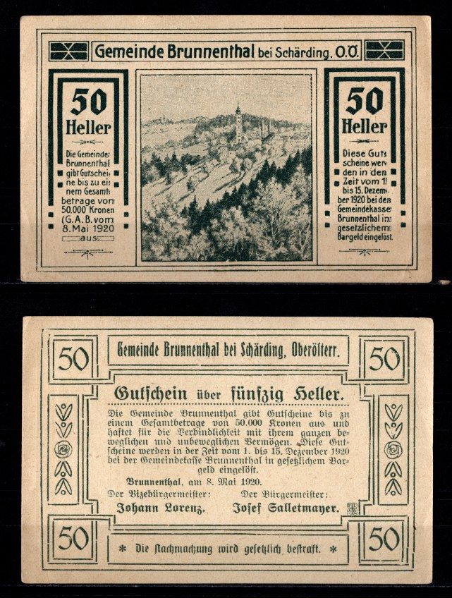 Австрия, Брунненталь 50 геллеров 1920 Jaksc/Pick JPR0111-50 бумага aUNC 2193-45-2-2