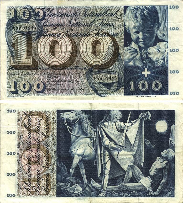 Швейцария 100 франков 1967 1 января 1967, серия 55 W, подпись 43 Pick 49 i бумага 8606-25-2-2