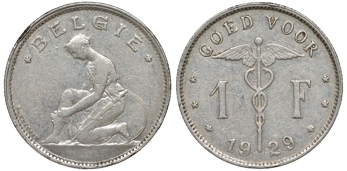 Бельгия 1 франк 1929 Belgie KM 90 никель 51-1744