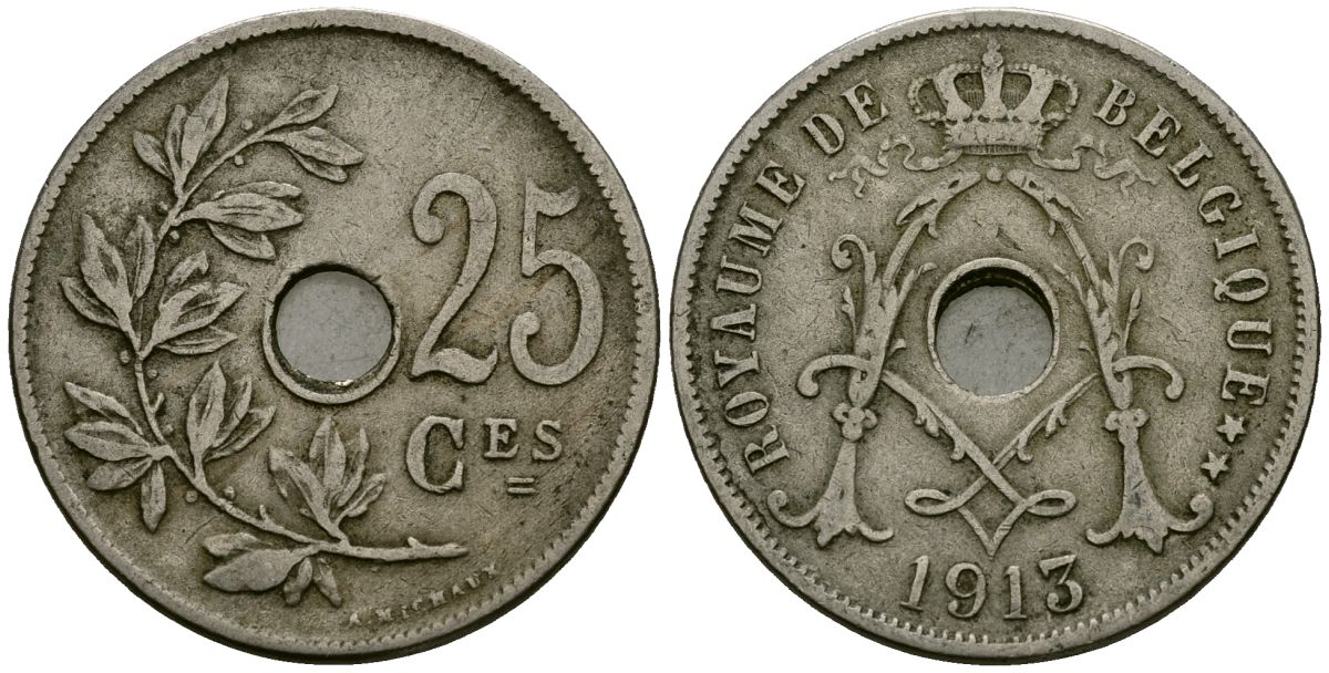 Бельгия 25 сантимов 1913 Belgique KM 68 медно-никель 4168-1215