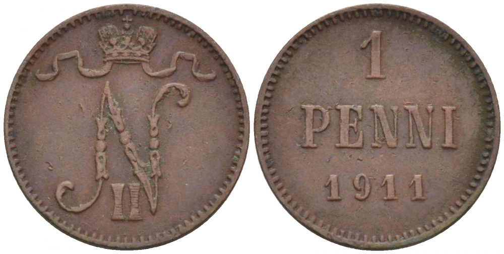 Россия для Финляндии 1 пенни 1911 Николай II (1894-1917) KM 13, Биткин 471 медь 4396-1341