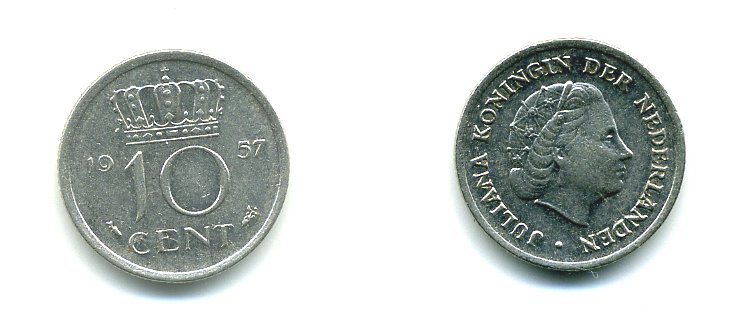 Нидерланды 10 центов 1957 Юлиана (1948-1980) KM 182 никель 76-329