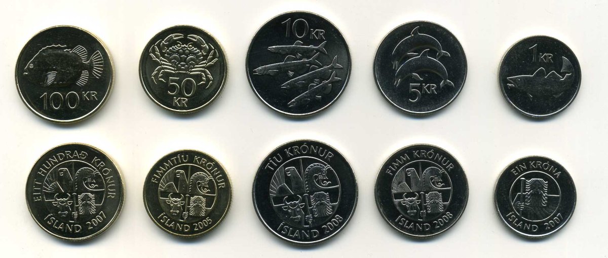 Исландия лот из 5 монет 2005-2008 (1, 5, 10, 50, 100 крон), рыбы UNC N2-15