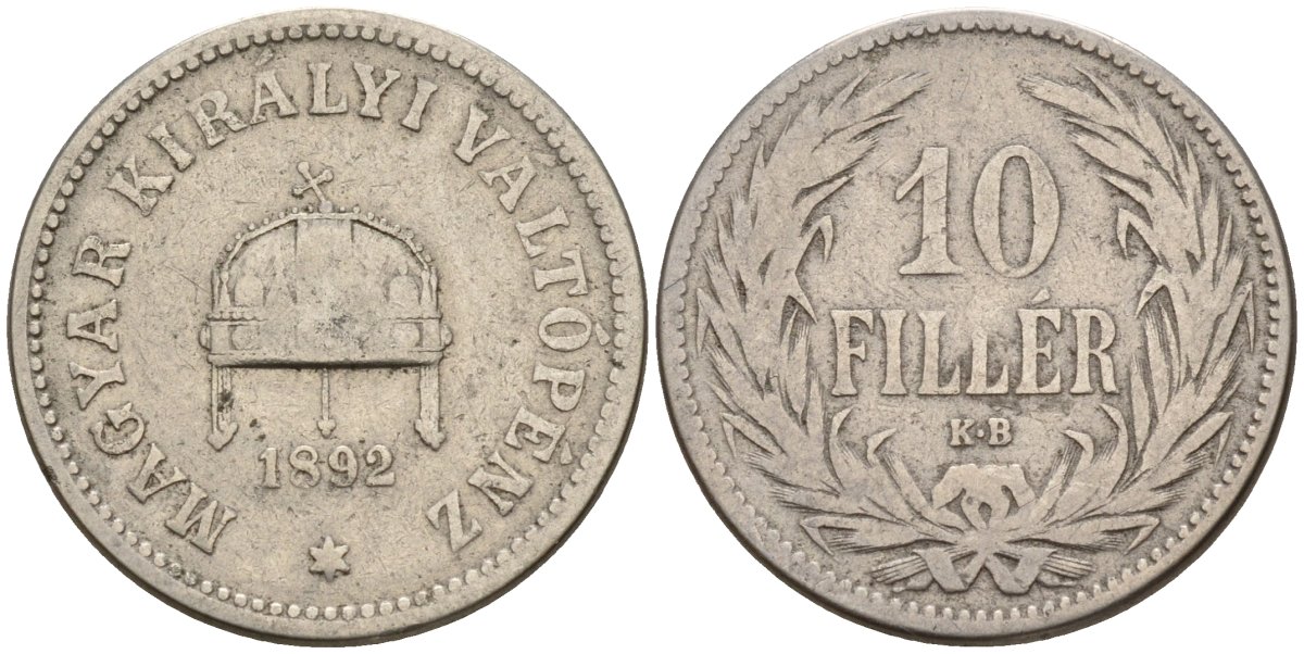 Венгрия 10 филлеров 1892 KB, Франц Иосиф I (1848-1916), редкий год KM 482 никель 4151-1046