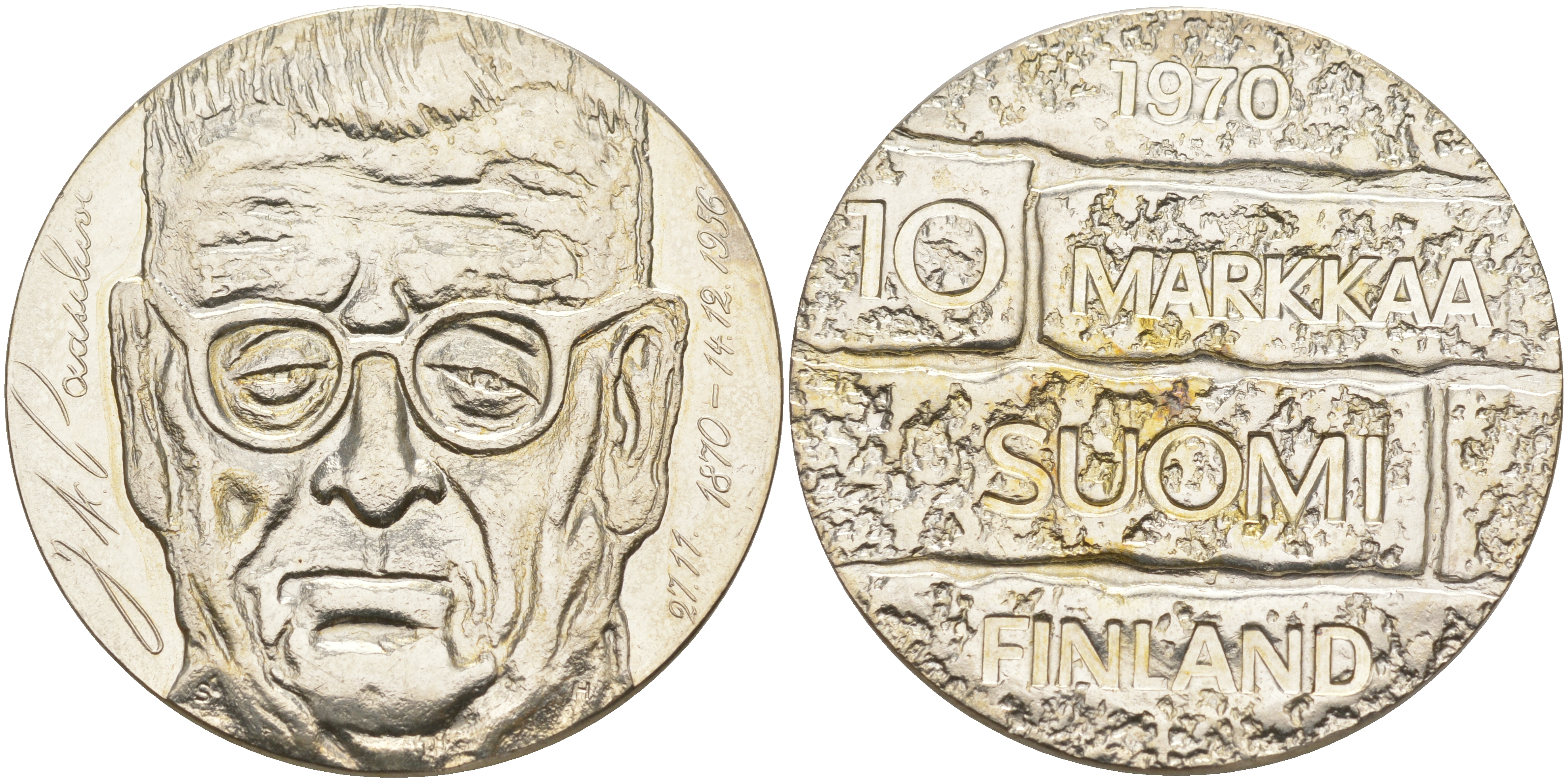 Финляндия 10 марок 1970 S-H, день рождения президента Юхо Паасикиви KM 51 серебро UNC 1523-634