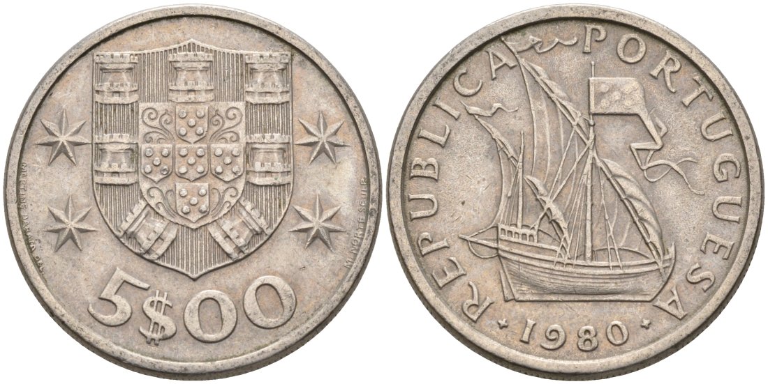 Португалия 5 эскудо 1980 парусник KM 591 медно-никель 4573-956