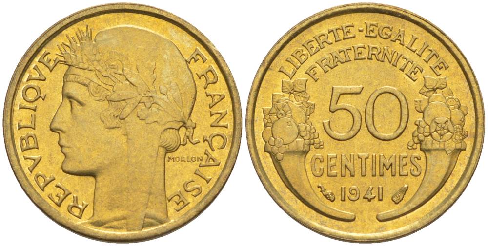 ФРАНЦИЯ 50 САНТИМОВ 1941 ТИП MORLON KM 894.1, LE FRANC 192.18 алюминиевая бронза 44-625
