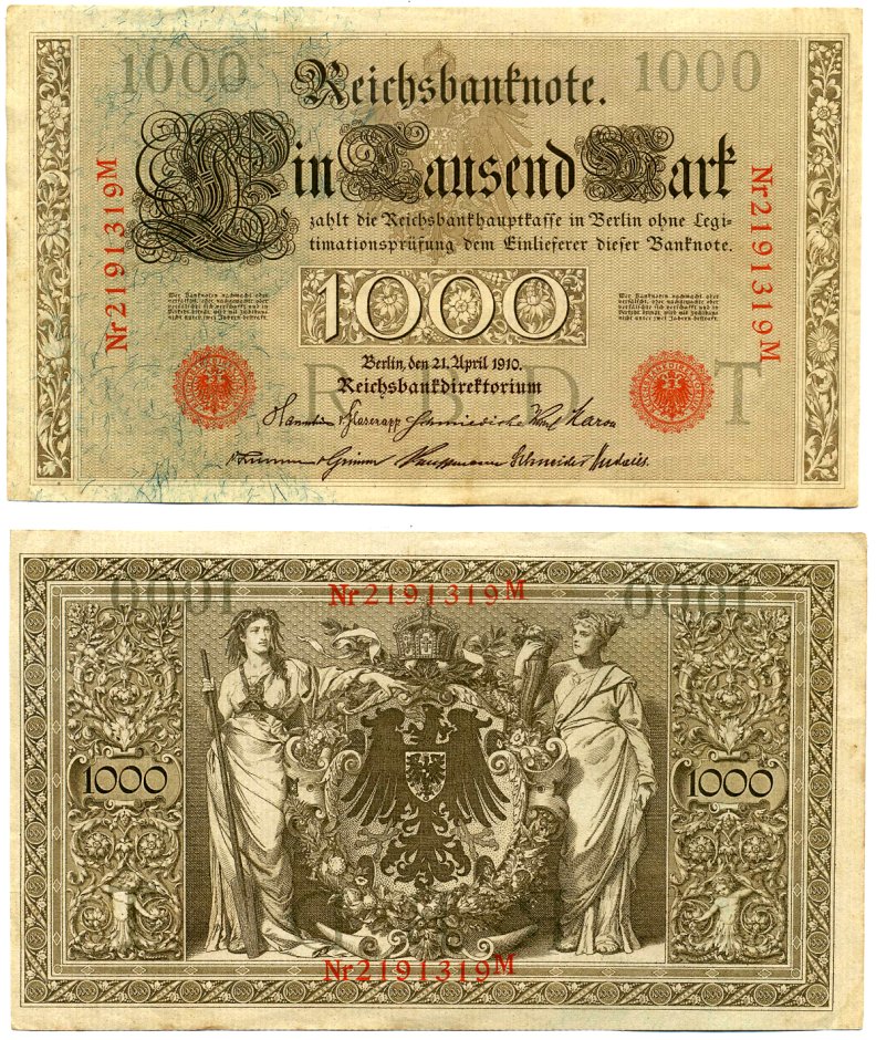 Германия 1000 марок 1910 21 апреля 1910, буква T, номер семизначный, серия M, выпуск (09.1922) Pick 44b, Розенберг 45с бумага 8618-18-1-1