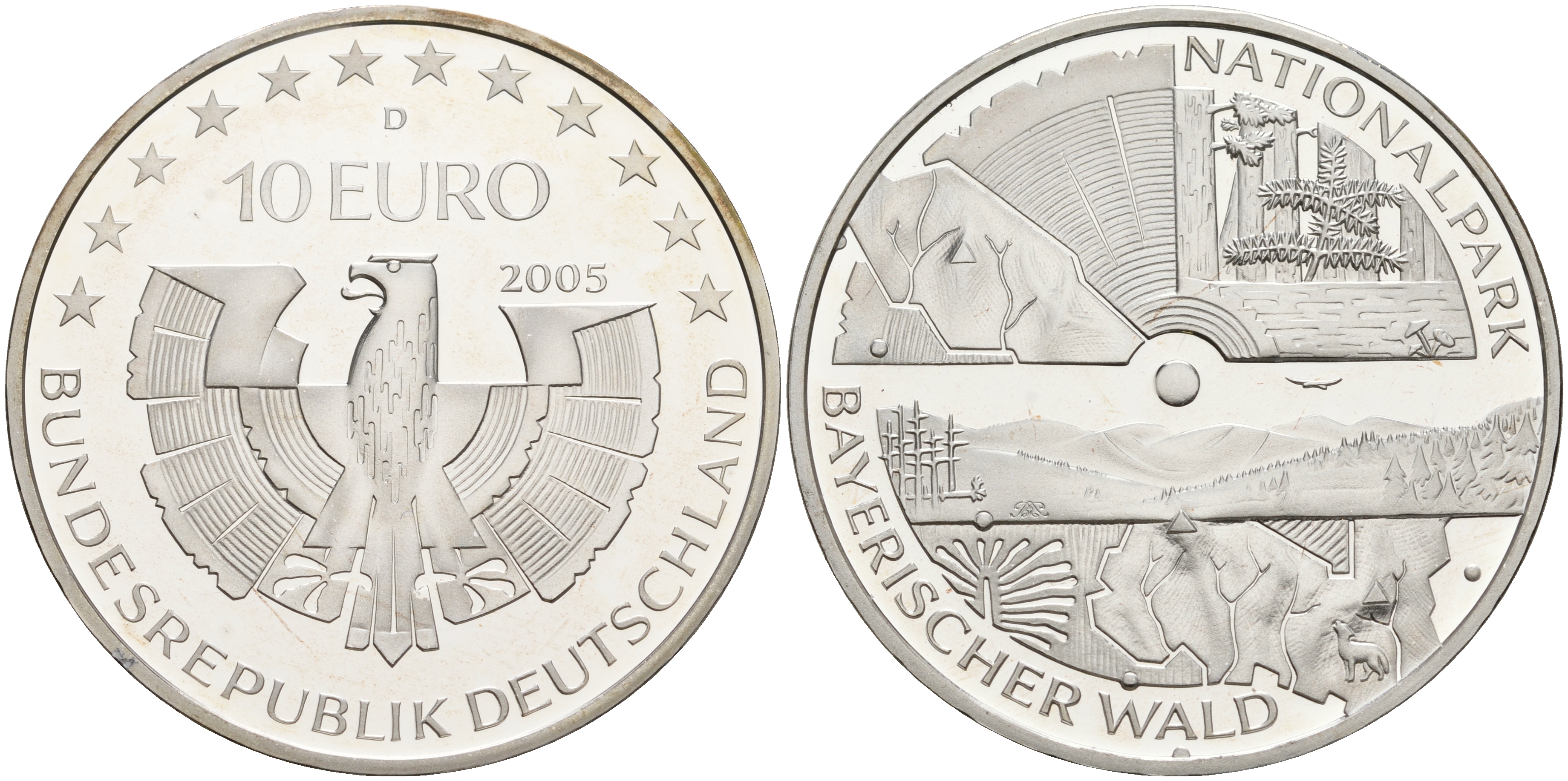 ФРГ 10 евро 2005 D, национальный парк, баварский лес KM 241, DE.S. 10.19 серебро PROOF 1076-3-44