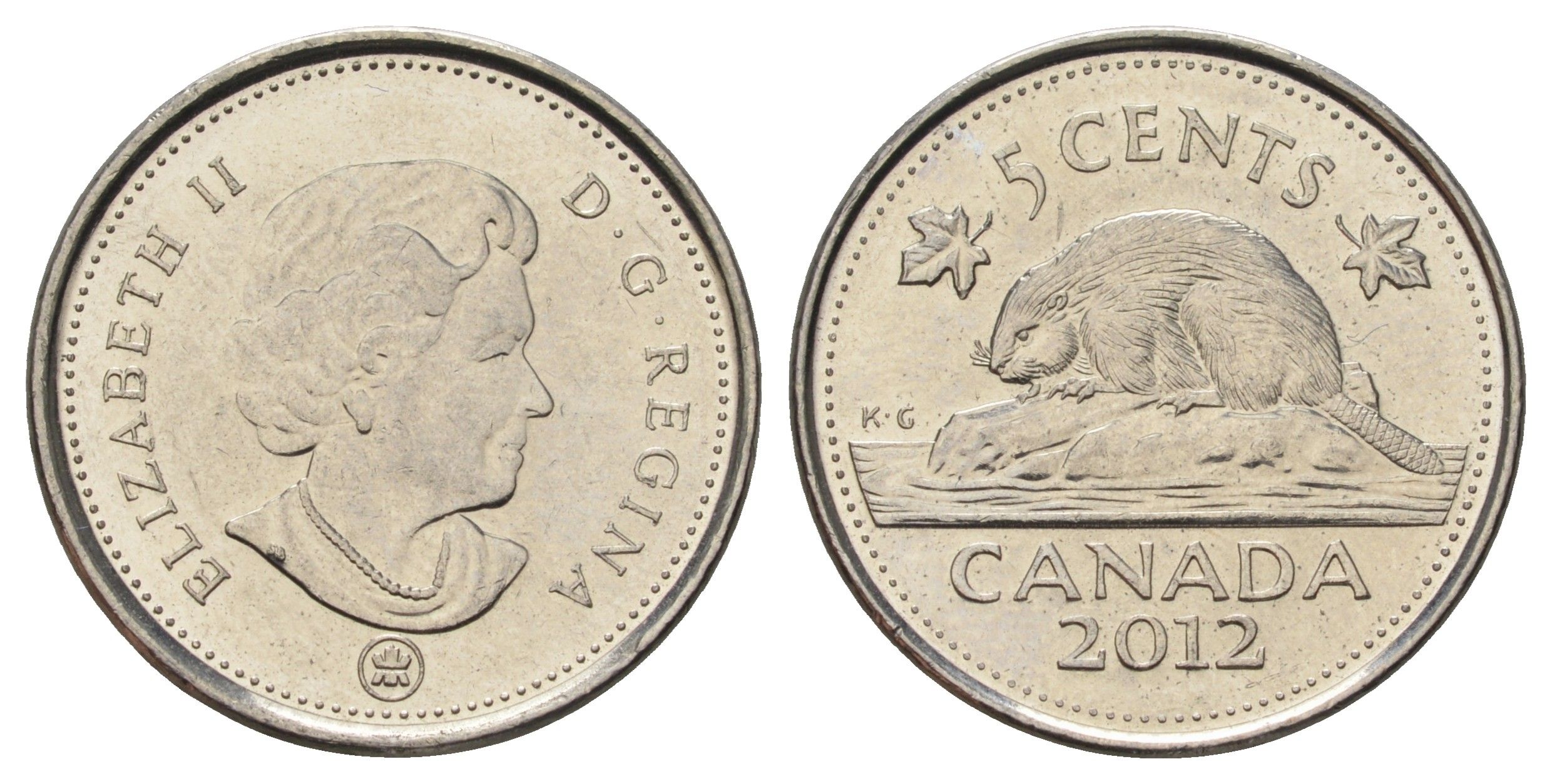 Канада 5 центов 2012 Leaf, Елизавета II (1952-2022), бобр KM 491 сталь плакированная никелем 4689-528