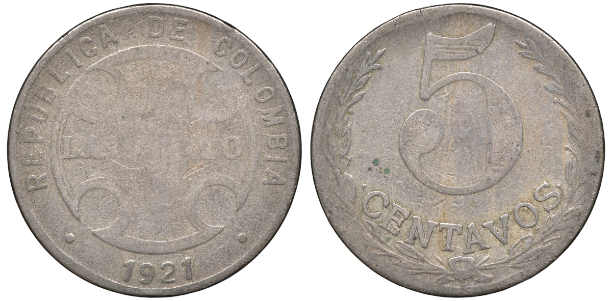 Колумбия 5 сентаво 1921 государственный лепрозорий KM L11 медно-никель 53-1042