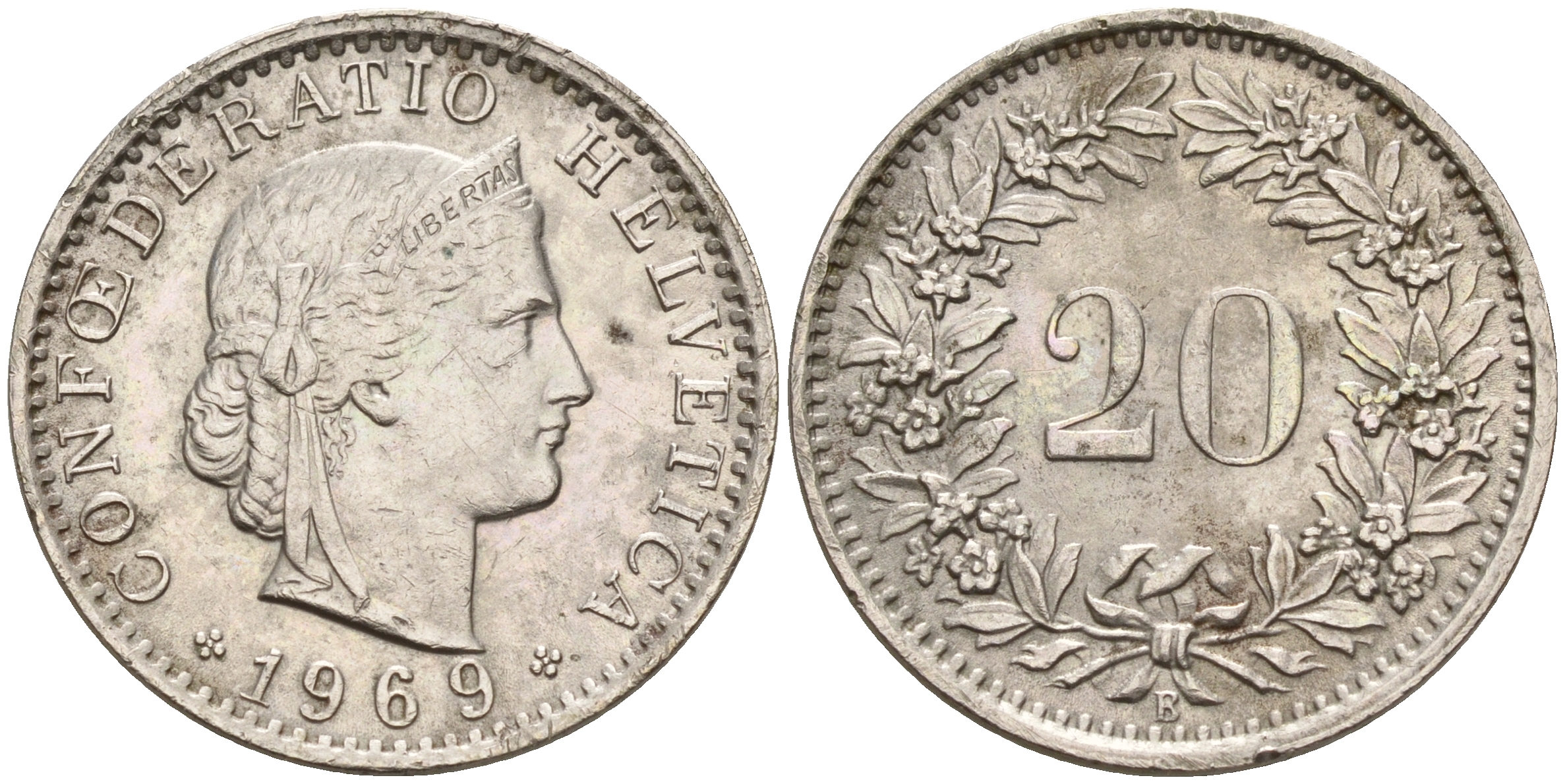 Швейцария 20 раппенов 1969 B KM 29a медно-никель    4161-655