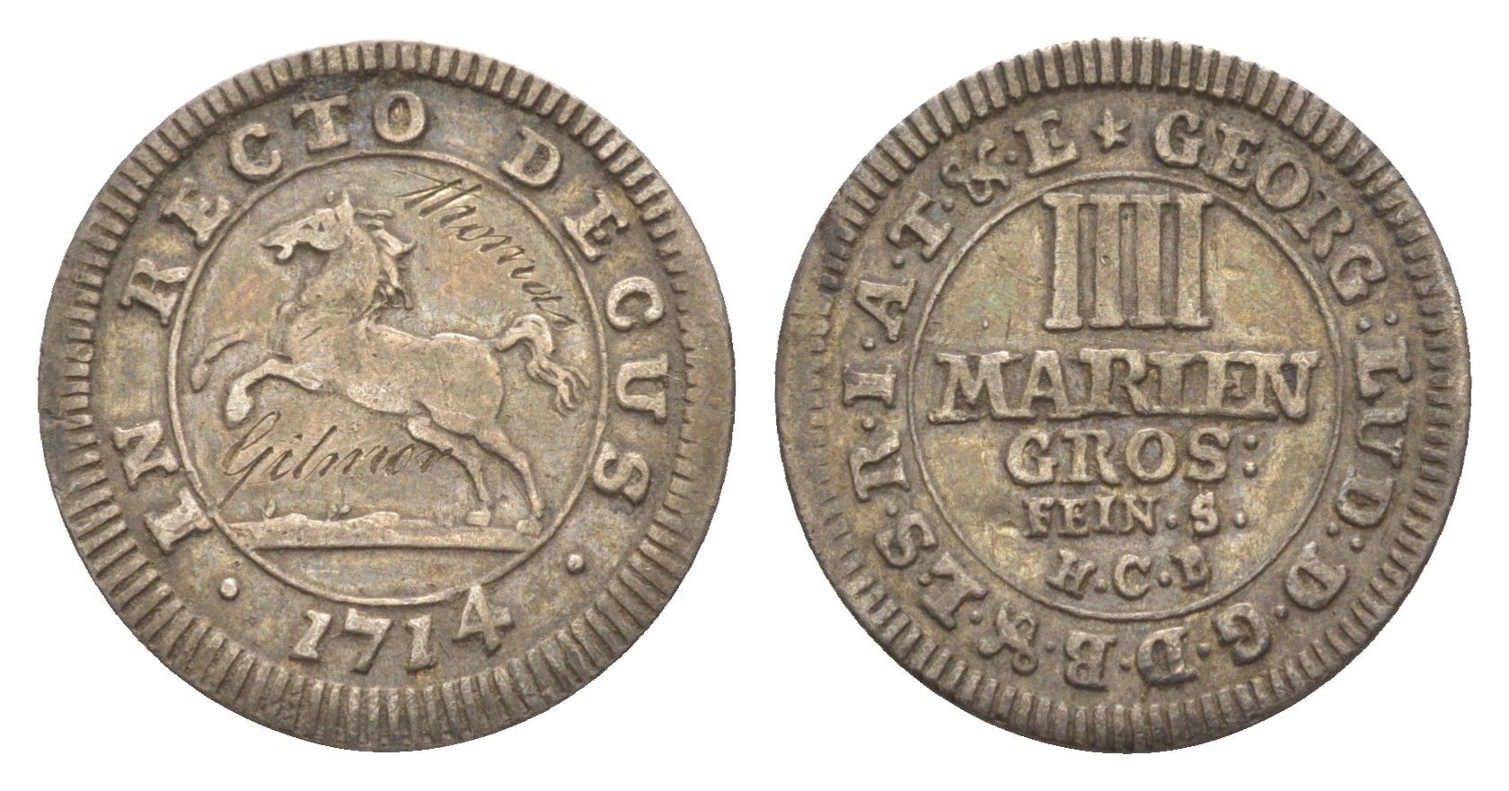 Брауншвейг-Каленберг-Ганновер 4 мариенгроша 1714 HCB, Георг I (1698-1727), из коллекции Ричарда Б. Смита Welter 2197, KM 33 серебро 1525-644