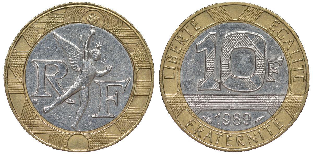 Франция 10 франков 1989 тип гений Бастилии KM 964.1, Le Franc 375.3 биметалл 45-546