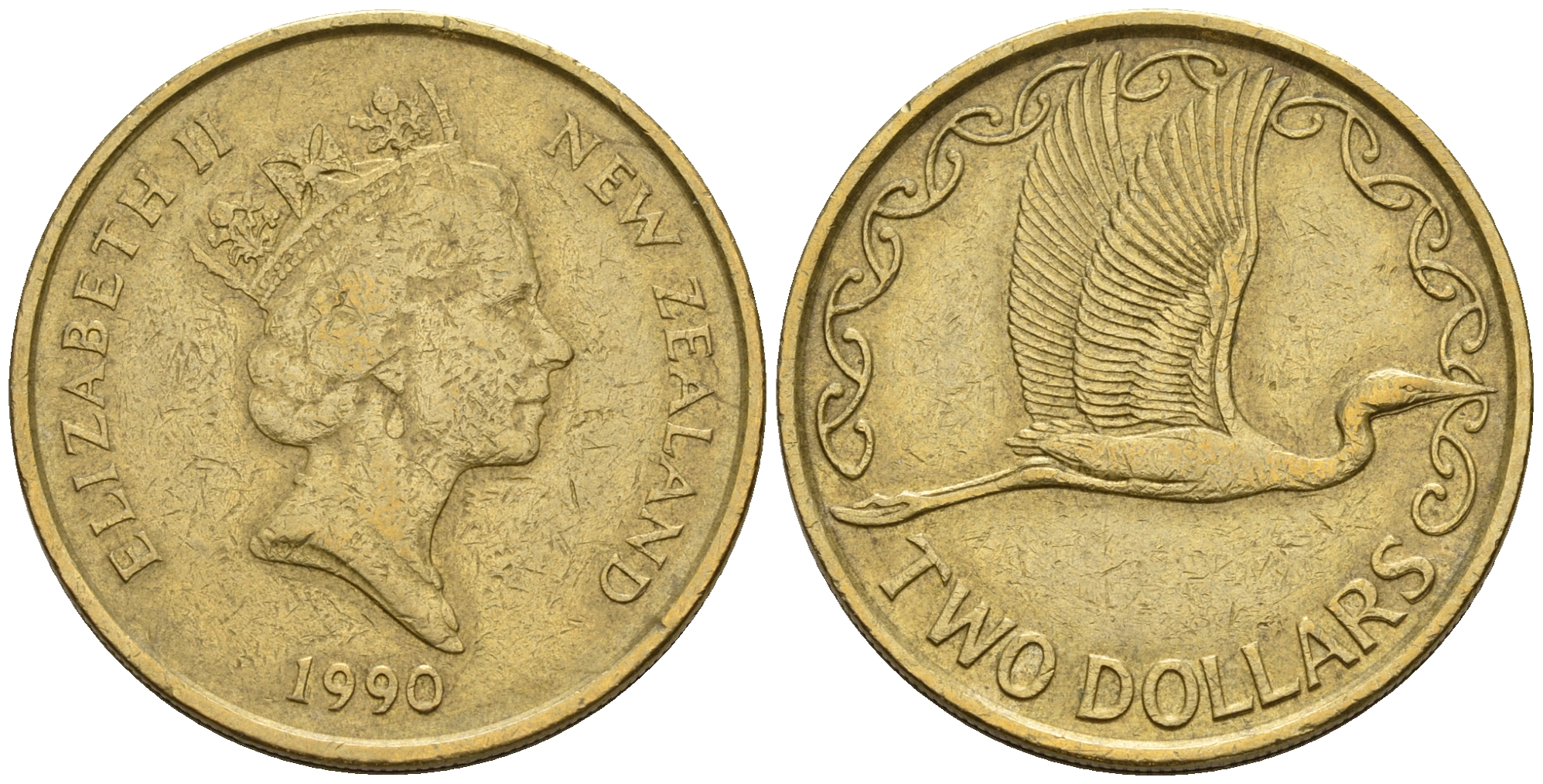 Новая Зеландия 2 доллара 1990 Елизавета II (1952-2022), большая белая цапля KM 79 алюминиевая бронза 259-1157
