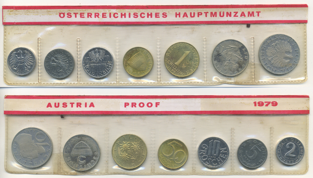 Австрия набор из 7 монет  1979  2, 5, 10, 50 грошей, 1, 5, 10 шиллингов, в целлофане KM PS 39 PROOF 4400-4-3