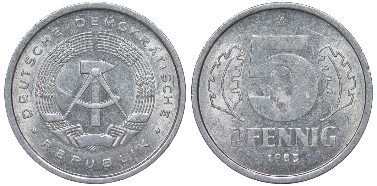 ГДР 5 ПФЕННИГОВ 1983 A КМ 9.2 алюминий 62-531