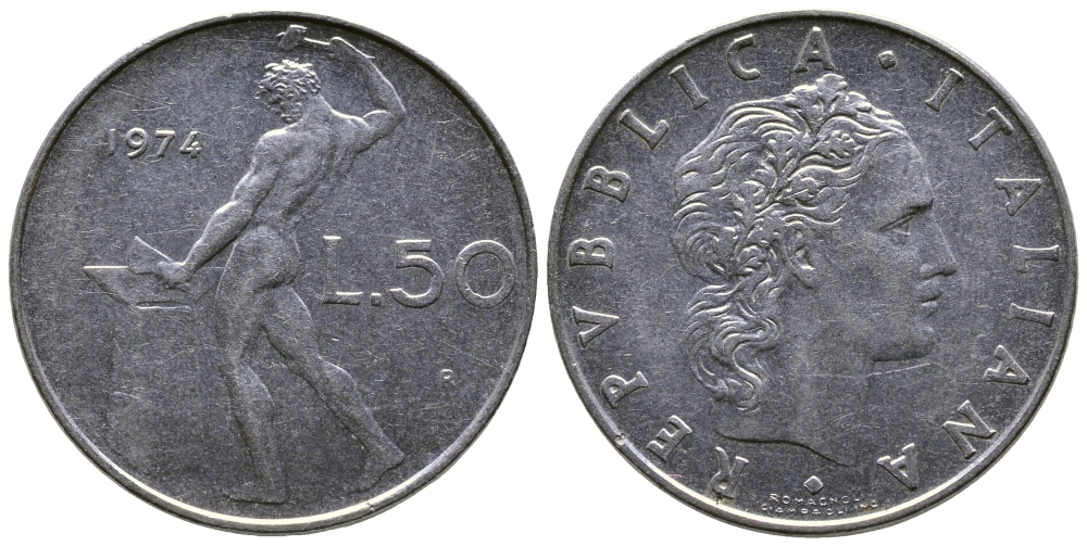 Италия 50 лир 1974 R, бог огня Вулкан у наковальни KM 95.1 сталь    91-612