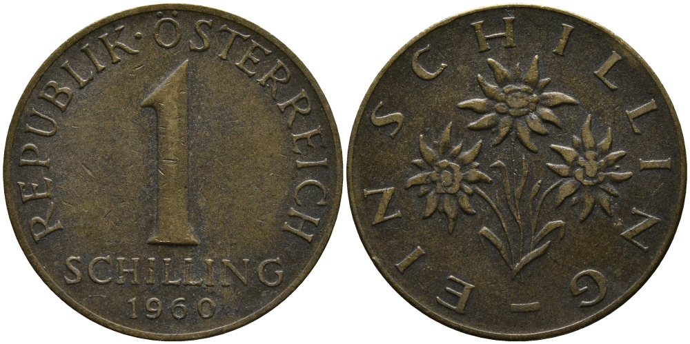 Австрия 1 шиллинг 1960 KM 2886 алюминиевая бронза 33-437