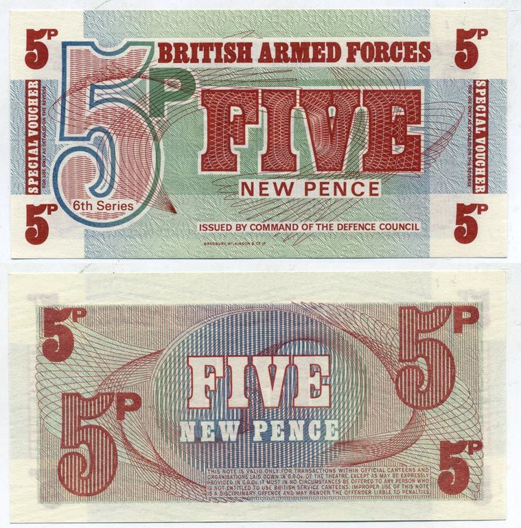 АНГЛИЯ 5 ПЕНСОВ 1972 ДЛЯ ВООРУЖЕННЫХ СИЛ, ШЕСТОЙ ВЫПУСК Pick М 44 бумага UNC (ПРЕСС) 6317-44-2