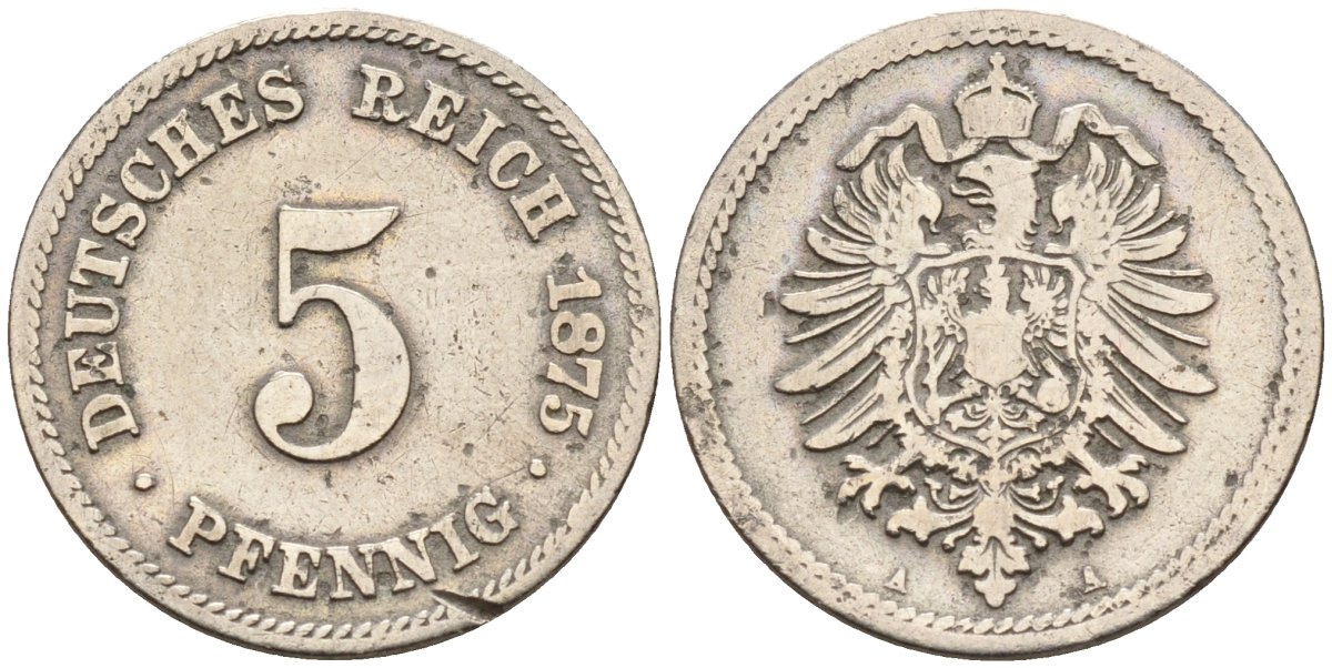 Германия 5 пфеннигов 1875 A, старогербовка KM 3, J. 3 медно-никель 4151-349