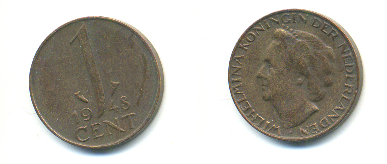 Нидерланды 1 цент 1948 Вильгельмина (1890-1948), год тип KM 175 бронза 83-913