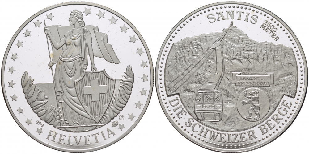 ШВЕЙЦАРИЯ МЕДАЛЬ ND СЕРИЯ ШВЕЙЦАРСКИЕ ГОРЫ, ГОРА САНТИС ВЫСОТА 2502 МЕТРА, 1 OZ серебро PROOF 01-144-22