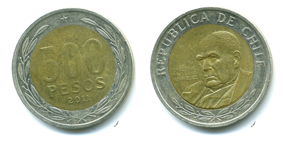 Чили 500 песо 2011 кардинал Рауль Сильва Энрикес (1907-1999) KM 235 биметалл 41-855