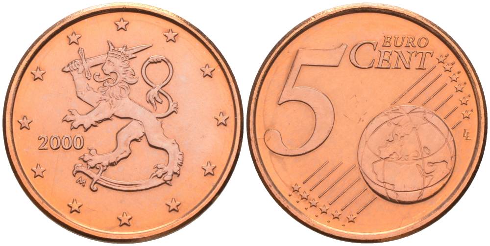 Финляндия 5 евроцентов 2000 KM 100 сталь плакированная медью 68-1132